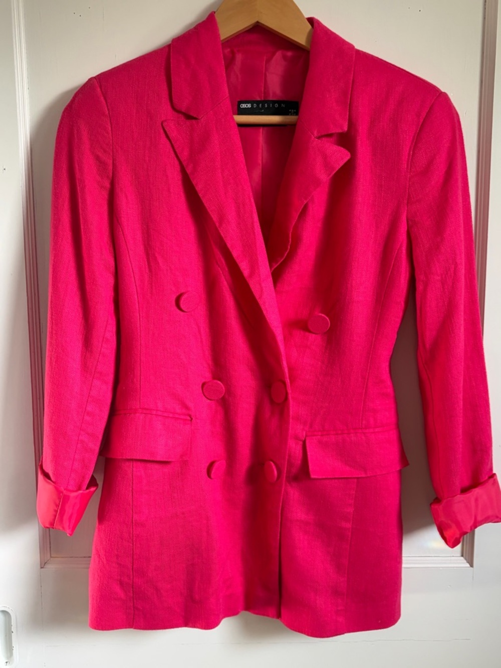 NWOT ASOS Hot Pink Double-Breasted Linen-Blend Blazer -2